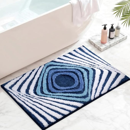 Funky Blue Bathroom Rug, Absorbent Non Slip High Pile Tufted Bath Mat with 3D Striped Pattern, Plush Microfiber Shower Rug for Bathroom Sink, Tub, Machine Washable, 16"x24"