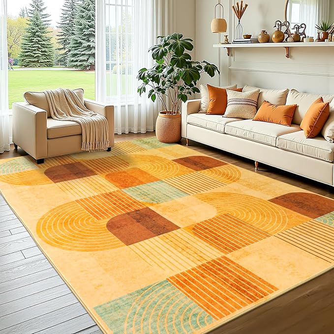 4x6 Area Rugs for Living Room, Soft Modern Geometric Rug for Bedroom, Washable Non-Slip Indoor Floor Abstract Carpet for Dining Room Nursery Home, Multi/Orange