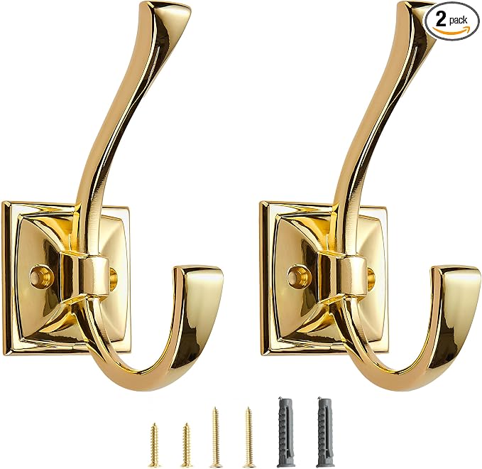 2 Pack Decorative Heavy Duty Towel Hooks for Hanging Robe Double Polished Brass Coat Hooks Wall Mounted with Screws for Key, Towel, Bags, Cup, Hat