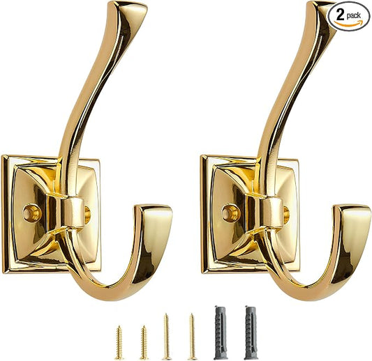 2 Pack Decorative Heavy Duty Towel Hooks for Hanging Robe Double Polished Brass Coat Hooks Wall Mounted with Screws for Key, Towel, Bags, Cup, Hat
