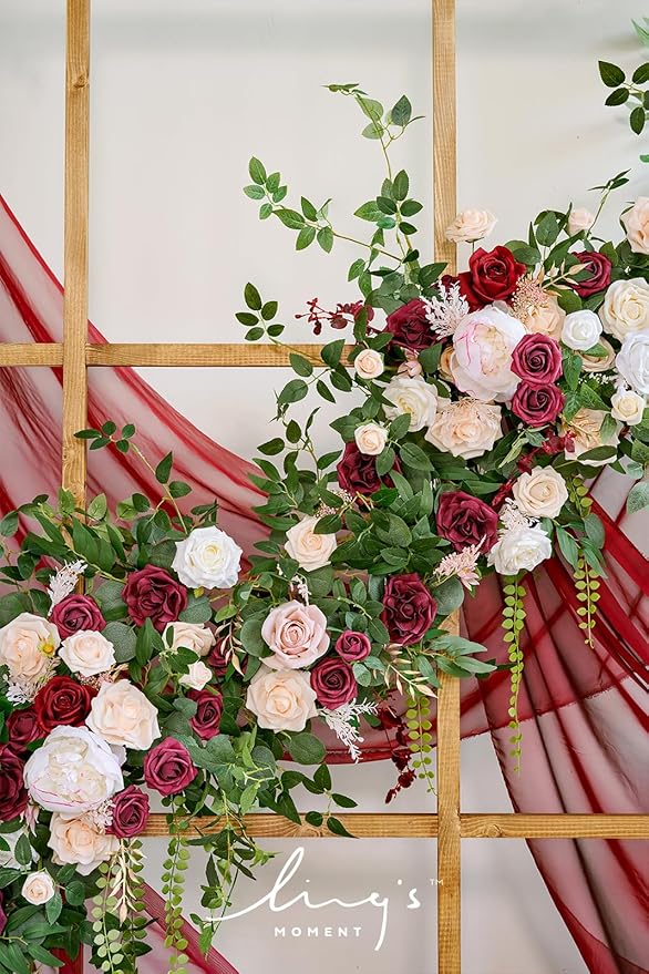 Ling's moment 9FT Spring Flower Garland - Wedding Arch Flowers, Eucalyptus & Rose, Artificial Floral Garland for Mantle - Sweetheart Table Decor for Reception, Backdrop Decorations, Marsala