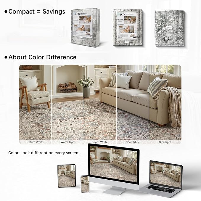 DCX Beige Area Rugs 9x12, Machine Washable Non Slip Stain Resistant Soft Vintage Floral Rug, for Living Room, Bedroom, Playroom, Soft Low Pile Large Carpet