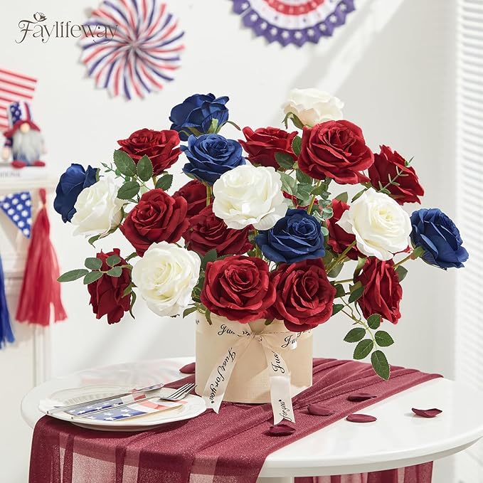 20PCS Artificial Dusty Blue Roses, 3.9'' Silk Flower Head Fake Blue Rose with Long Stems, Realistic Faux Roses Bouquet for Mother's Day DIY Wedding Home Party Office Decoration