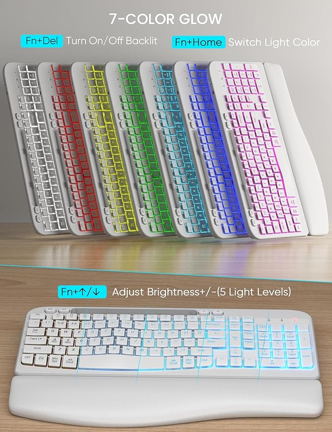 SABLUTE Wireless Keyboard and Mouse Combo - Ergonomic Wave Keyboard with Soft Leather Wrist Rest, Phone Holder, Rechargeable, RGB Backlit Mouse, Full-Size Set for Windows/Mac/Computer (White)