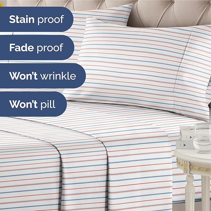 Striped Sheets - Red & Blue Striped Sheets - 1 Flat & 1 Fitted & 1 Pillowcase w/ Deep Pockets – Wrinkle & Fade Free - Ultra-Soft, Breathable & Cooling – Luxury Pinstripe Bedding - Twin XL Size Bed Set