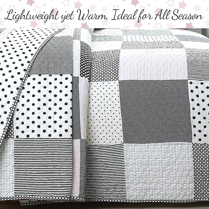 Cozy Line Home Fashions Black White Pink Polka Dots Striped Star Girl 100% Cotton Reversible Quilt Bedding Set, All-Season Coverlet Bedspread (Black Pink, Queen - 2 Piece)