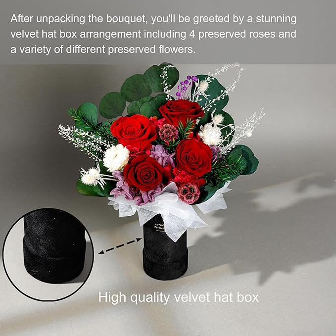 Perfectione Roses 4 Roses Mixed Bouquet for Mother's Day, Flowers for Delivery, Preserved Flowers Birthday Gift for Women Mom Wife Grandma Her, Red