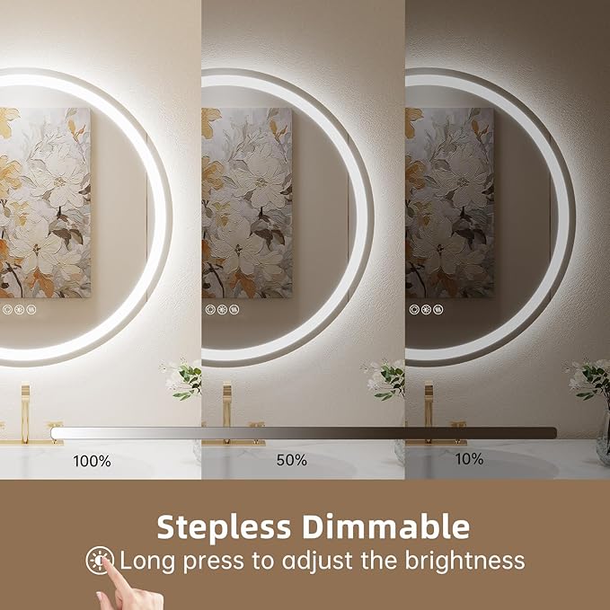 LOVESPEJO 24" Round LED Bathroom Mirror with Lights, Circle LED Mirror for Bathroom, Fogless, Dimmable, 3 Color Changing, IP54, Shatterproof