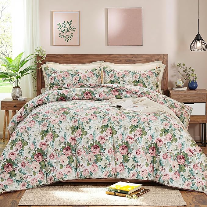 Rose Red Floral King Bedding Romantic Girls Comforter Set Soft Botanical Vintage & Country Home Decor for All Season