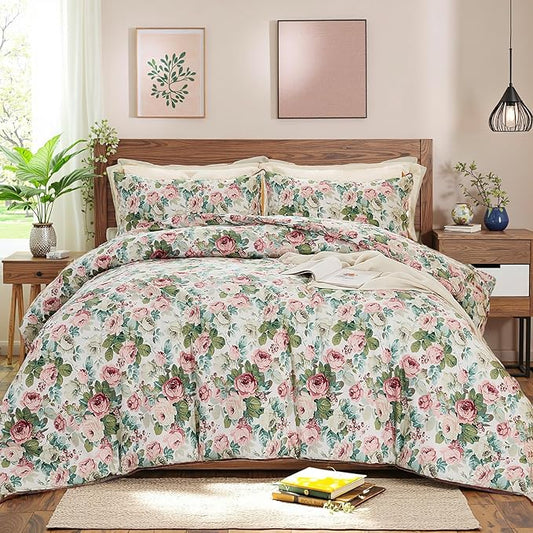 Rose Red Floral King Bedding Romantic Girls Comforter Set Soft Botanical Vintage & Country Home Decor for All Season