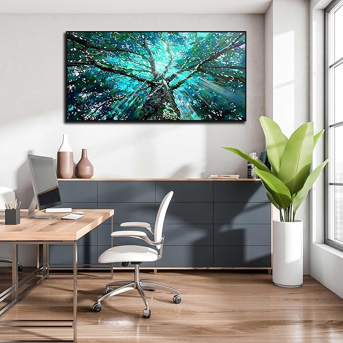Tree Canvas Wall Art for Office - Green Picture Decor - Black Framed Wall Art Living Room Size 29" x 59"