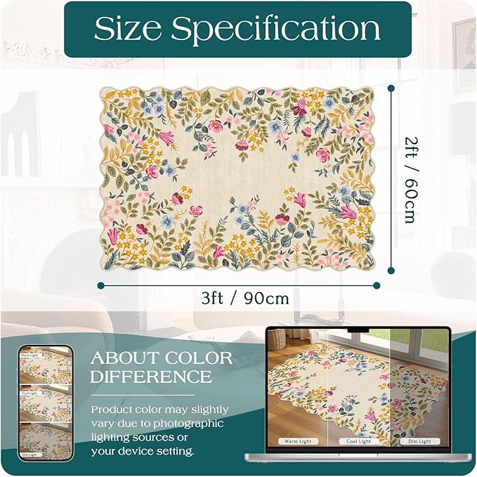 Front Door Mat Outside Entrance - 2x3 Beige Colorful Floral Non-Slip Washable Doormat Indoor Outdoor Mat Boho Vintage Entry Rug Small Throw Rugs for Entryway Kitchen Front Porch Decor