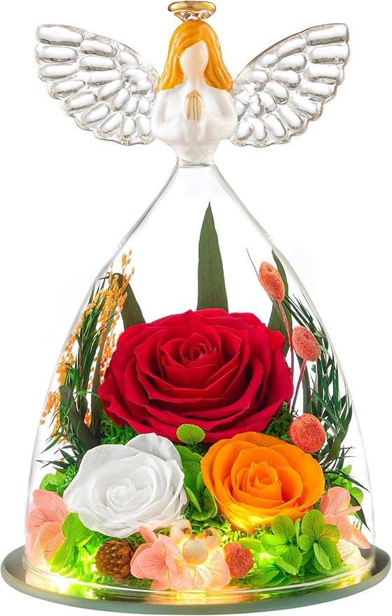 Gifts for Women Forever Flowers Preserved Rose in Glass Angel Figurine Real Colorful Roses Birthday Gifts for Her Grandma Sister Daughter Wife, Red