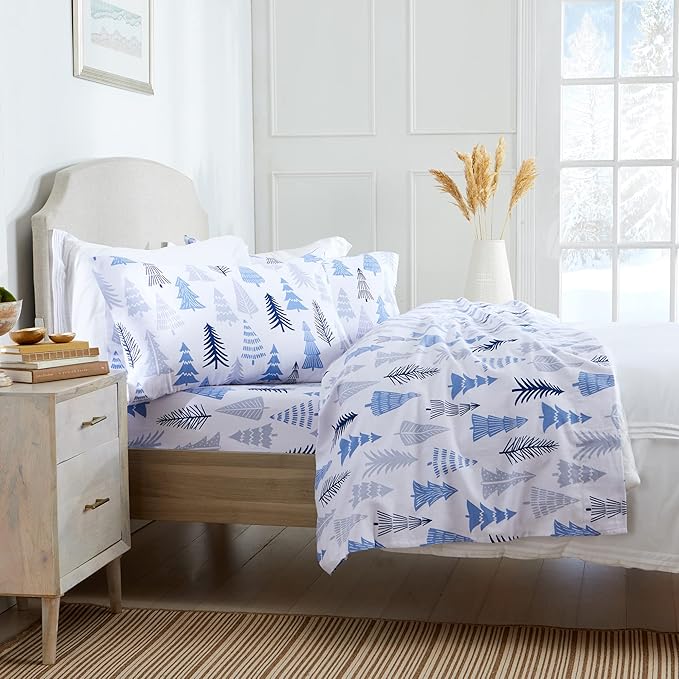 Market & Place 100% Turkish Cotton Flannel Sheet Set | 4 Piece Deep Pocket Novelty Cozy Winter Bed Sheets | Double Brushed for Extra Softness & Comfort | Alpine Collection (Queen, Blue Forest)