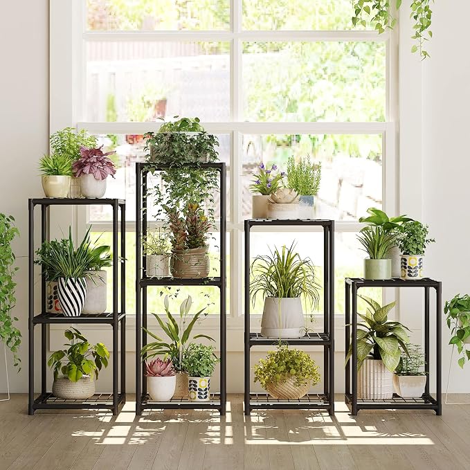 Bamworld Plant Stands Indoor 4 Sets Plant Shelves Outdoor Metal Plant Holder for Multiple Plants Flower Stands for Living Room Balcony Garden Patio Lawn Window Black