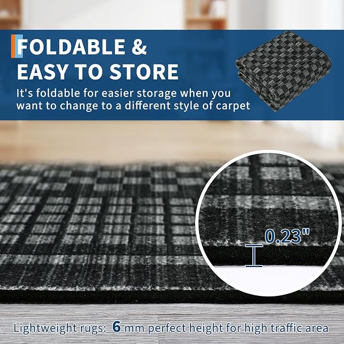 Large Area Rug 10x13 Rug for Living Room Modern Black Checkered Washable Bedroom Rug Farmhouse Non Slip Throw Rugs Soft Low Pile Stain Resistant Carpet for Dining Room Department 10'x13'