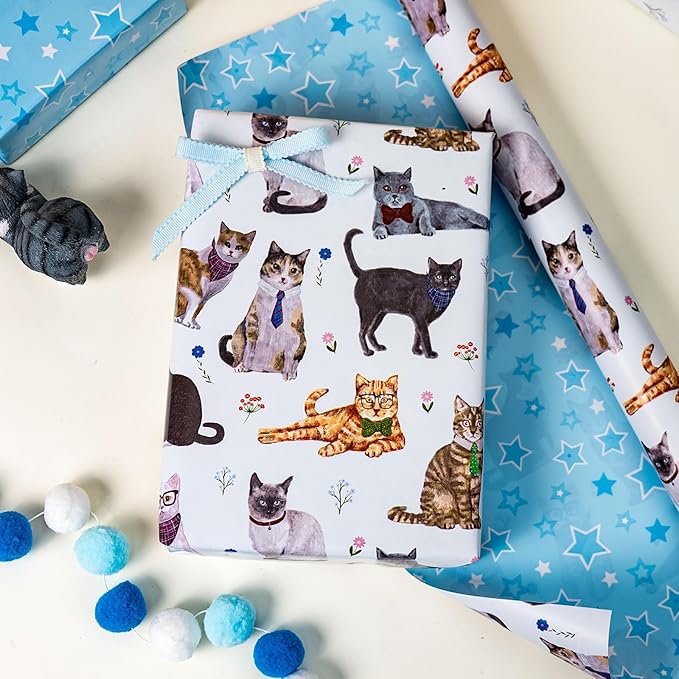 Burymento White Lovely Cat Wrapping Paper, Reversible Blue Star Gift Wrap for Birthday, Valentines, Mothers day, Graduation, Wedding, Fathers day, Baby Shower, Christmas (17in x 16.4ft)