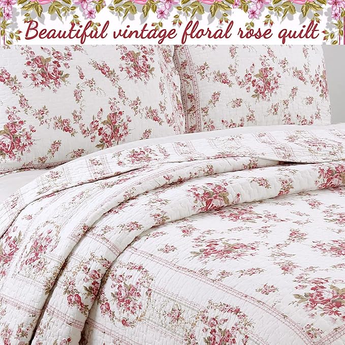 Cozy Line Home Fashions 100% Cotton Quilt Bedding Set, Pink Floral Reversible Coverlet Bedspread (Vintage Rose, Queen - 3 Piece)