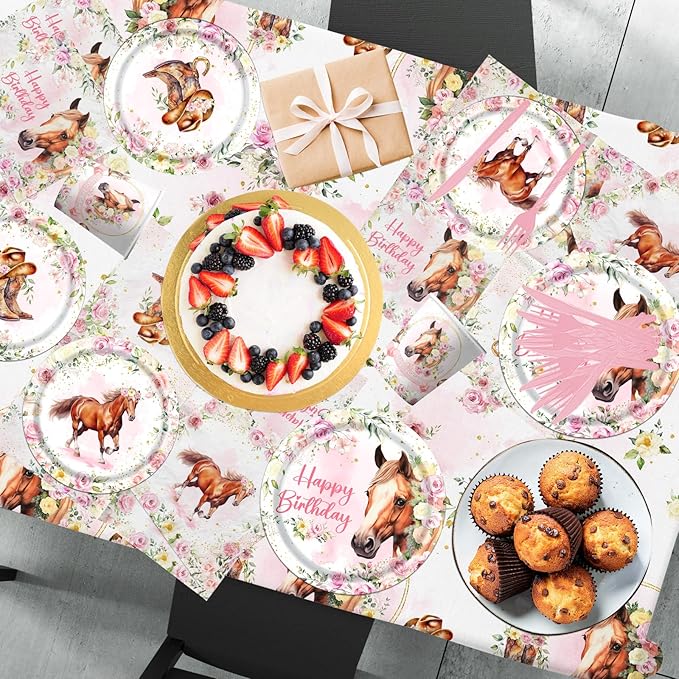 Horse Birthday Decorations Tableware,171PCS Cowgirl Floral Themed Birthday Tea Party Supplies,Flower paper plates,Horse napkins,Forks,Horse Table Cloth,for Girls Rodeo,Bachelorette Fairy Parties