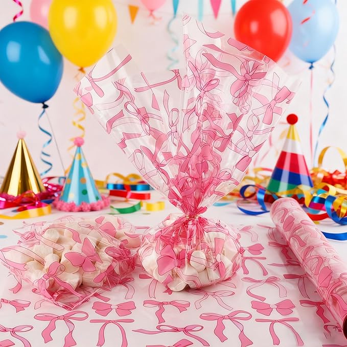 Motroce Clear Cellophane Wrap Roll, 100 Ft x 16 In Pink Bow Florist Paper Wrapper, Transparent 3Mil Thicker Cellophane Roll, Gift Baskets Wrap Cellophane Film for Gifts, Flowers, Christmas Wrapping