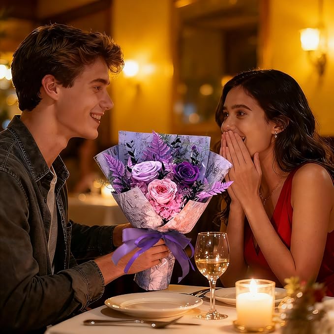 Preserved Roses Bouquets,Flowers for Delivery, Eteranl Purple Rose Bouquets Long-Lasting Real Flowers,Birthday Flowers Gifts for Mom Women Friends, Mothers Day for Grandma Wife Her(Purple)