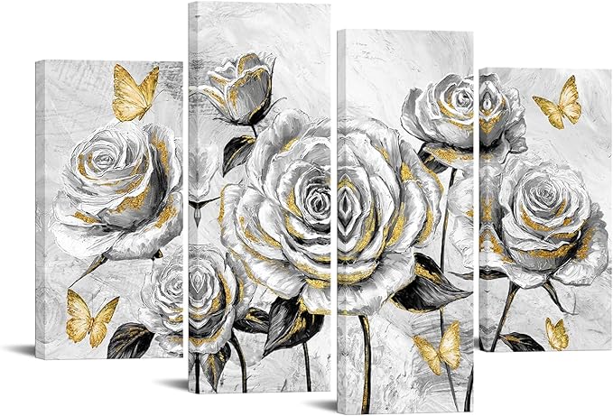 sechars Rose Wall Art Decor Grey and Gold Floral Pictures Painting Flower with Butterflies Canvas Prints Framed