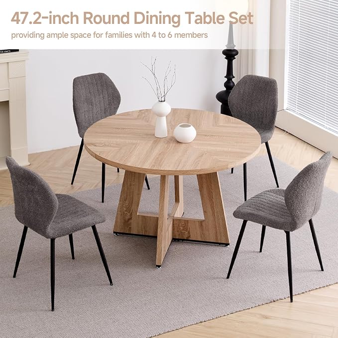 47" Round Dining Table Set for 4 with Chairs Circle Kitchen Table and Chairs Set Mid-Century Modern Chair with Metal Legs for Apartment Living Room(1 Natural Table + 4 Gray Chairs)
