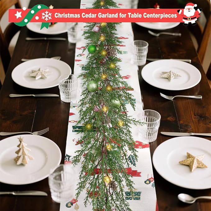 Artgar 2Pcs Christmas Cedar Garland, 6 Ft Realistic Pine Garland, Prelit Christmas Garland with 30 Warm Lights with 8 Light Modes for Mantels Stair Table Indoor Outdoor Winter Xmas Decor (Green 2Pcs)