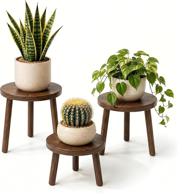 Delma Wood Plant Stands Indoor, 3-Pack Single Plant Stand for 7-10 Inch Pots, Mid-Century Modern Plant Stool, Tall Plant Stand for Large Plants for Living Room, Balcony, Office (Dark Brown, 3-Pack)