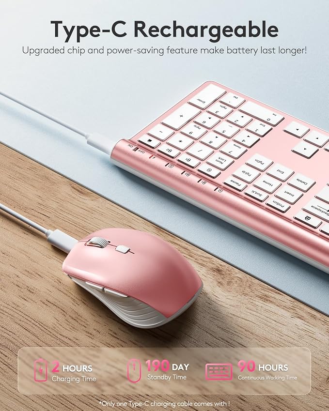 Samsers Wireless Keyboard and Mouse Combo Ultra Slim Rechargeable Dual-Mode (Bluetooth 5.0x2 +2.4G) Silent Keyboard and Mouse Set, Multi-Device Full-Size Design for MacOS/iOS/Android/Windows - Pink