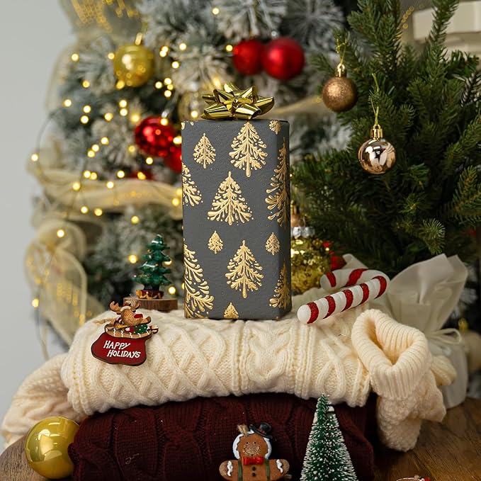Flyhill Dark Gray Kraft Christmas Wrapping Paper,Lusury Gold 3D Embossed Foil Christmas Trees Design with Woodlands Wrap Paper for Holiday, Party,Celebration, New Year(17 Inch X 32.8 Feet)
