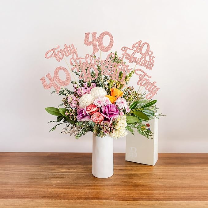 Gyufise 15Pcs 40th Birthday Centerpiece Sticks Forty Happy 40th Table Flower Centerpieces Sticks Cheers to 40 Floral Decorations for 40th Birthday Party Centerpieces Supplies Rose Gold
