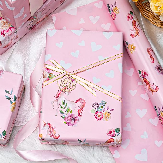 HOMERAL Pink Unicorn Wrapping Paper with Flower Designs - 17In x 33Ft (46.5sqft) Pink Unicorn Princess Gift Wrap with Hearts Reverse for Girls Birthday, Baby Shower, Valentines Day, Mothers Day, DIY Crafts
