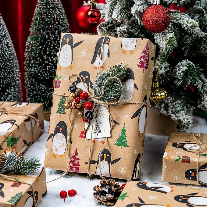 MAYPLUSS Christmas Wrapping Paper Roll - 17IN X 33FT - Kraft Gift Wrapping Paper Featuring Cute Penguin Christmas Tree Snowflake Reversible Cut Lines for Kids, Holiday, New Year