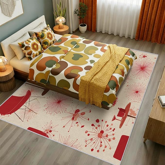 50s Retro Rug 5x8 60s 70s Mid Century Modern Pattern Area Rugs for Living Room, Bedroom, 50s Retro Home Decor Accessories Indoor Carpet, Non Slip & Machine Washable