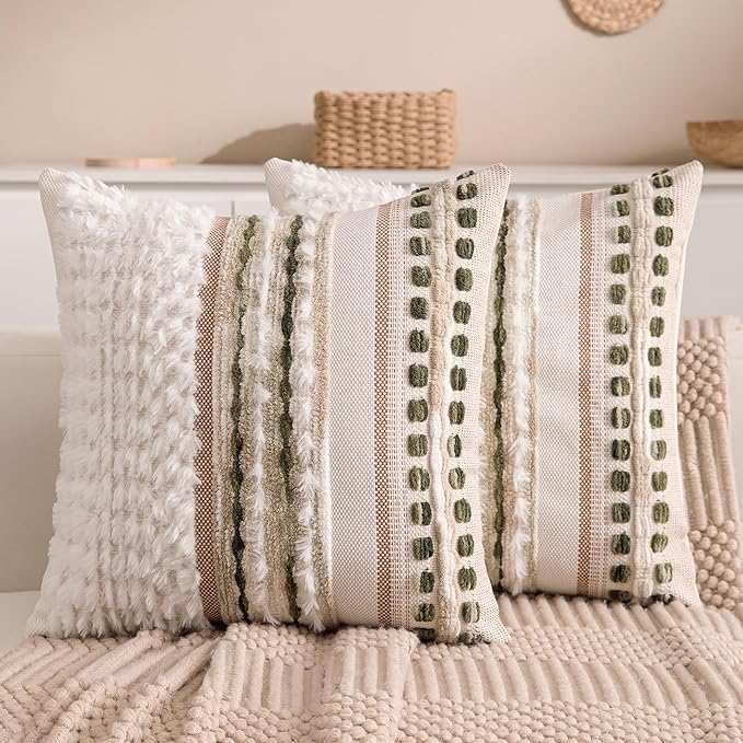 KOOLIFE Boho Chenille Tufted Couch Throw Pillow Covers 18x18 Inch Set of 2 Farmhouse Striped Decorative Pillow Covers Accent Neutral Square Pillowcase Green Cushion Covers for Livingroom Sofa Bed