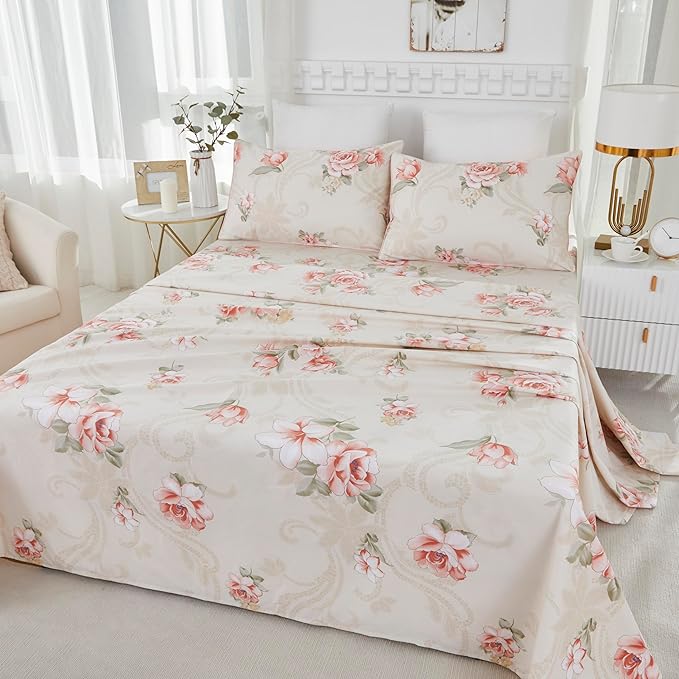 Brandream Floral Bed Sheets Twin Size Luxury Blossom Flower Print, 100% Egyptian Cotton 4 Pieces Sheet Set, Kids Sheets, Cooling Sheets for Twin Size Bed Deep Pockets, Floral Bed Sheets