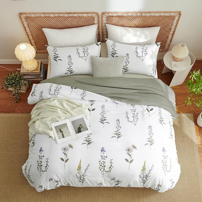 Nayoroom Floral Duvet Cover Full Size White Green Botanical Flower Cottagecore Bedding Set 3 Pieces Soft Lightweight Reversible Aesthetic Duvet Cover with Zipper Closure