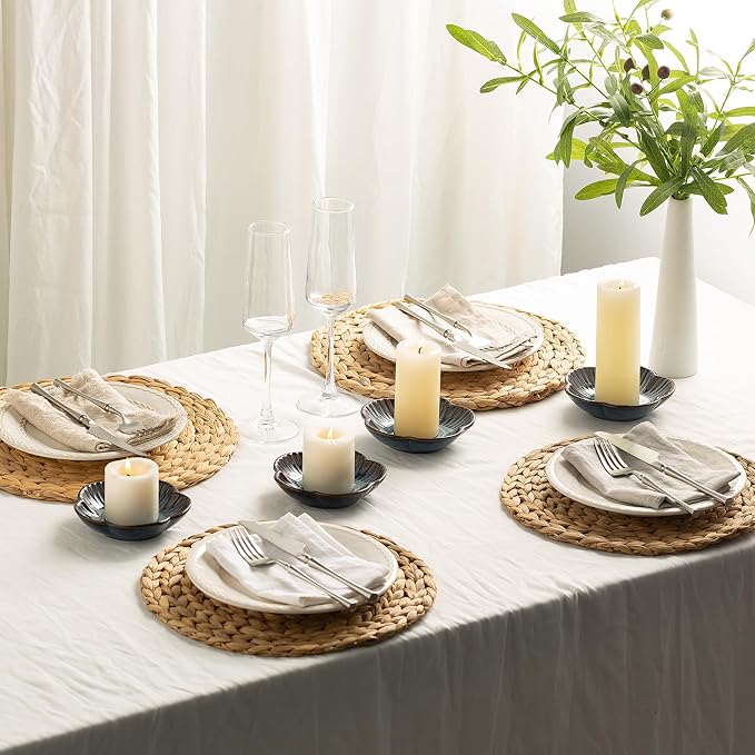 BEUNAIZER Ceramic Pillar Candle Holder Plates, Decorative Candlestick Holder, Tea Light Incense Santo Palo Holders, for Dinning, Party, Wedding, Birthday, Anniversary, 1pack (Blue)