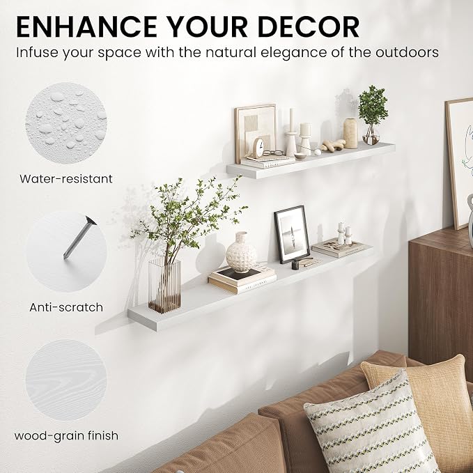 Heimlove 24 Inch Floating Shelves for Wall,Mounted Storage Wood Shelves with Invisible Brackets Hanging Shelf for Bedroom,Living Room,Kitchen,Office,Set of 2,White