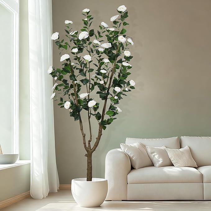 6.6ft Tall Camellia Artificial Tree, Handmade Faux Floral Camellia Tree, Pink White Blooming Flowers & Green Leaves, Artificial Plants for Home Front Door Decor Indoor Outdoor Party Wedding