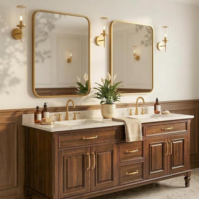 2-Pack 24x30 Inch Antique Gold Bathroom Vanity Mirrors | Flush Mount Deep Set Metal Wall Mirror for Over Sink | HD Shatterproof Glass, Rustproof