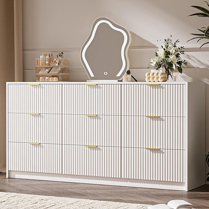 3-Piece Dresser Bedroom Set, 9 Drawer Dresser & 3 Drawer Nightstands with Gold Handles, Fluted Wood Chest of Drawers for Bedroom, Living Room, Entryway, White