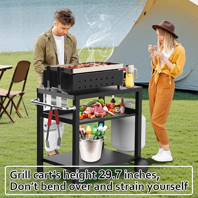 BBQCuker 29.5''x19.6'' Outdoor Grill Cart, Pizza Oven Table Stand, 3-Shelves Food Prep Table for Ninja Woodfire, Ooni Pizza Oven, 17'' & 22'' Blackstone Griddle, Grill Stand for Picnic, Camping