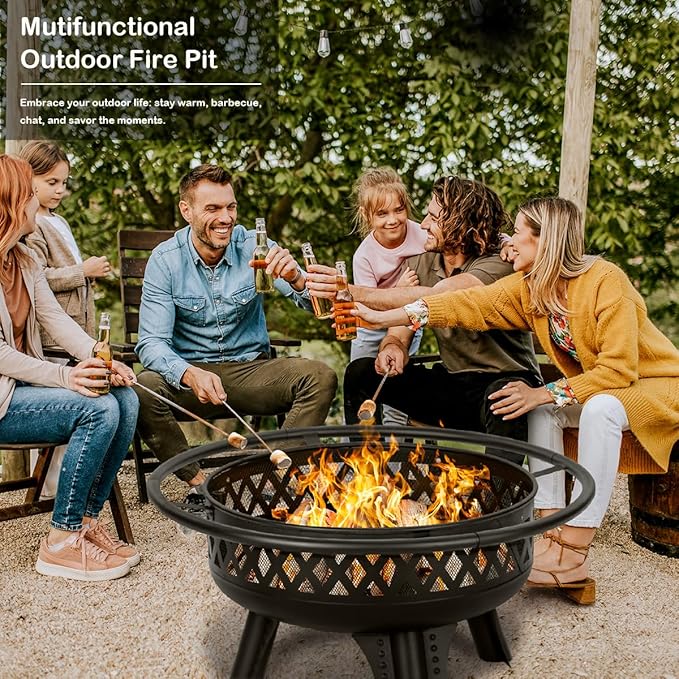 Panovue 32 Inch Outdoor Fire Pit with Grill, Wood Burning Firepit for Outside with Lid/Fire Poker, Metal Round Fire Pit Table for Patio Backyard Garden Bonfire Party