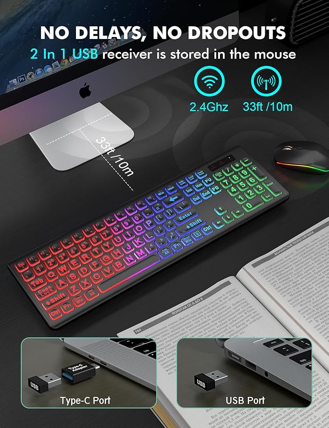 Wireless Keyboard and Mouse Combo, RGB Backlit, Rechargeable & Light Up Letters, Full-Size, Soft Typing, Sleep Mode, 2.4GHz Quiet Keyboard Set for Mac, Windows, Laptop, PC, Trueque (Matte Black)
