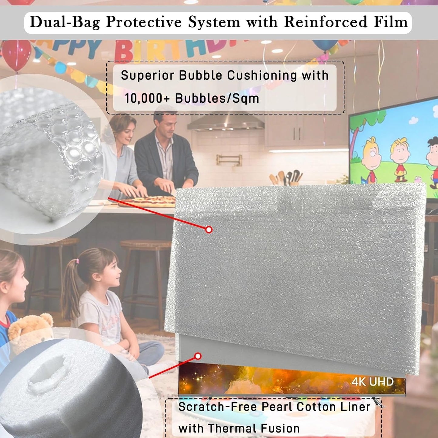 Skiennix TV Wrap Cover - Double-Layer Thick Bubble Protection for 43-65" Screens (61"x37")