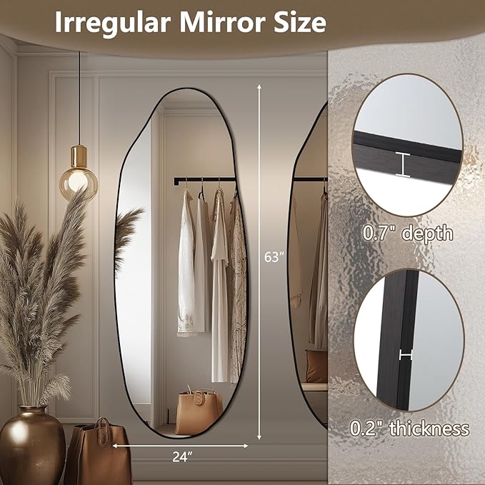 Mirrorons Irregular Wall Mirror 63×24, Black Asymmetrical Bathroom Mirror, Oval Aesthetic Mirror, Full Length Mirrors, Shatterproof Black Bathroom Mirrors