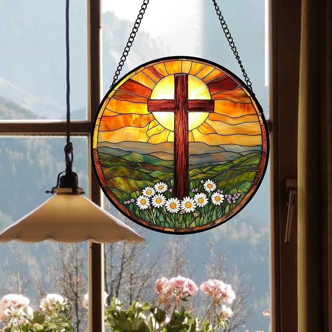 Christian Gifts for Women - Cross Stained Glass Window Hanging Easter Daisy Natural Landscape Sun Catcher Garden Religion Decor Mother's Day Catholic Gift for Men Grandma Mom Her Nana 7.8"