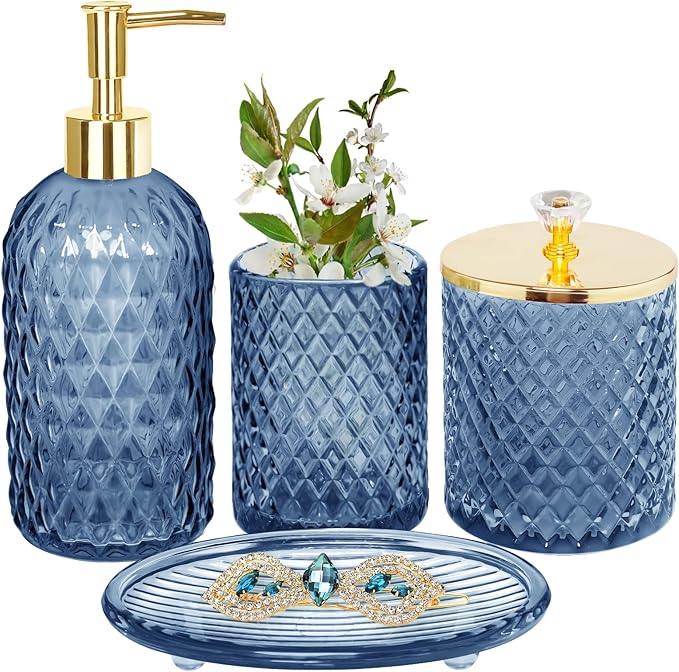 Haturi Blue Bathroom Accessories Set, 4Pcs Glass Bathroom Accessory Set Complete w/Lotion Soap Dispenser, Toothbrush Holder, Qtip Holder, Soap Dish, Blue Bathroom Decor Sets, Gift for Home Apartment